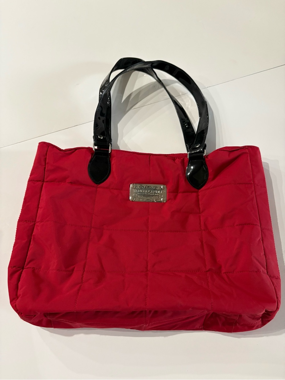 Red Yankee Candle Quilted Tote Bag with Black Patent Handles & magnetic closure